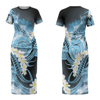 Piko Hawaiian Family Matching Short Sleeve Bodycon Dress and Hawaiian Shirt Blue Galaxy Spiral Plumeria Tribal Patterns DT05 Mom's Dress Blue - Polynesian Pride