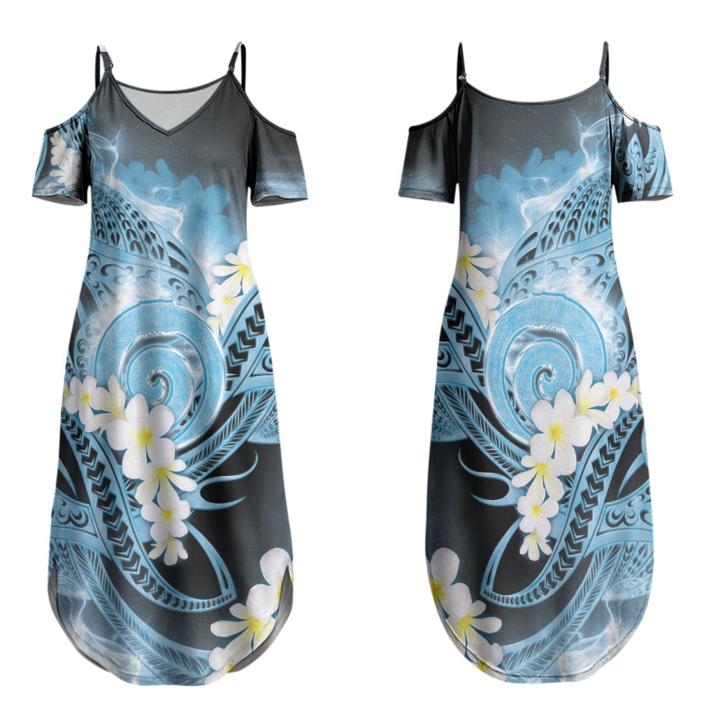 Piko Hawaiian Family Matching Summer Maxi Dress and Hawaiian Shirt Blue Galaxy Spiral Plumeria Tribal Patterns DT05 Mom's Dress Blue - Polynesian Pride