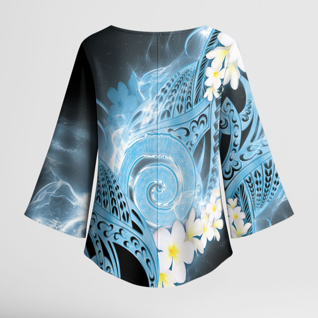 Piko Hawaiian Kimono Sleeve Blouse Blue Galaxy Spiral Plumeria Tribal Patterns DT05 - Polynesian Pride