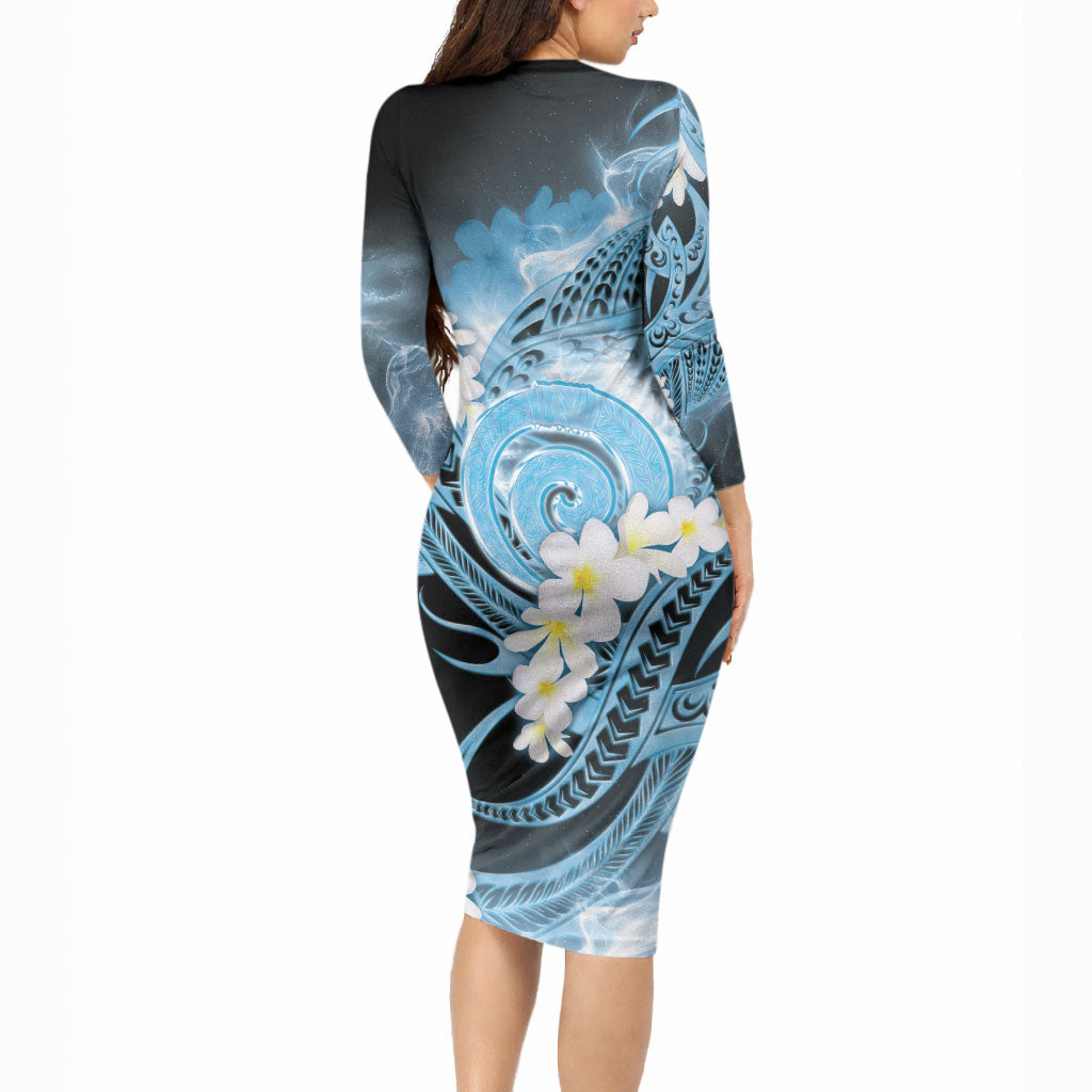 Piko Hawaiian Long Sleeve Bodycon Dress Blue Galaxy Spiral Plumeria Tribal Patterns DT05 - Polynesian Pride