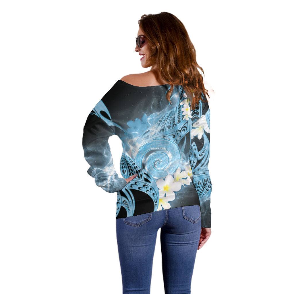 Piko Hawaiian Off Shoulder Sweater Blue Galaxy Spiral Plumeria Tribal Patterns DT05 - Polynesian Pride
