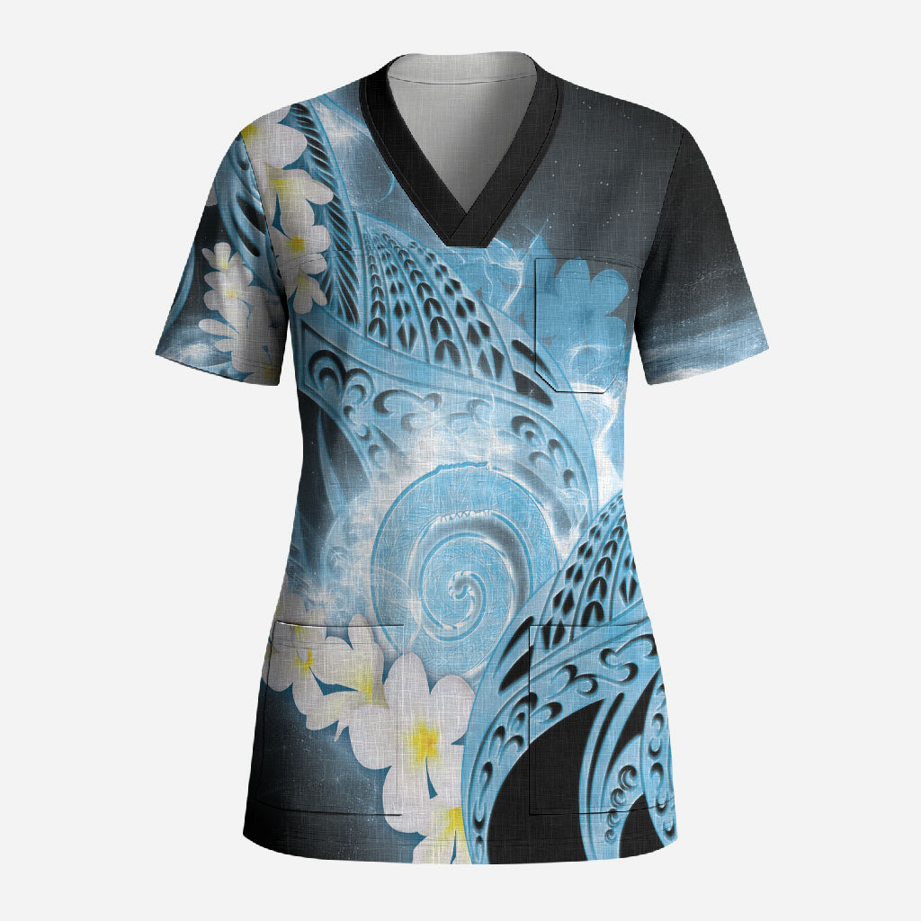 Piko Hawaiian Scrub Top Blue Galaxy Spiral Plumeria Tribal Patterns DT05 Adult Blue - Polynesian Pride