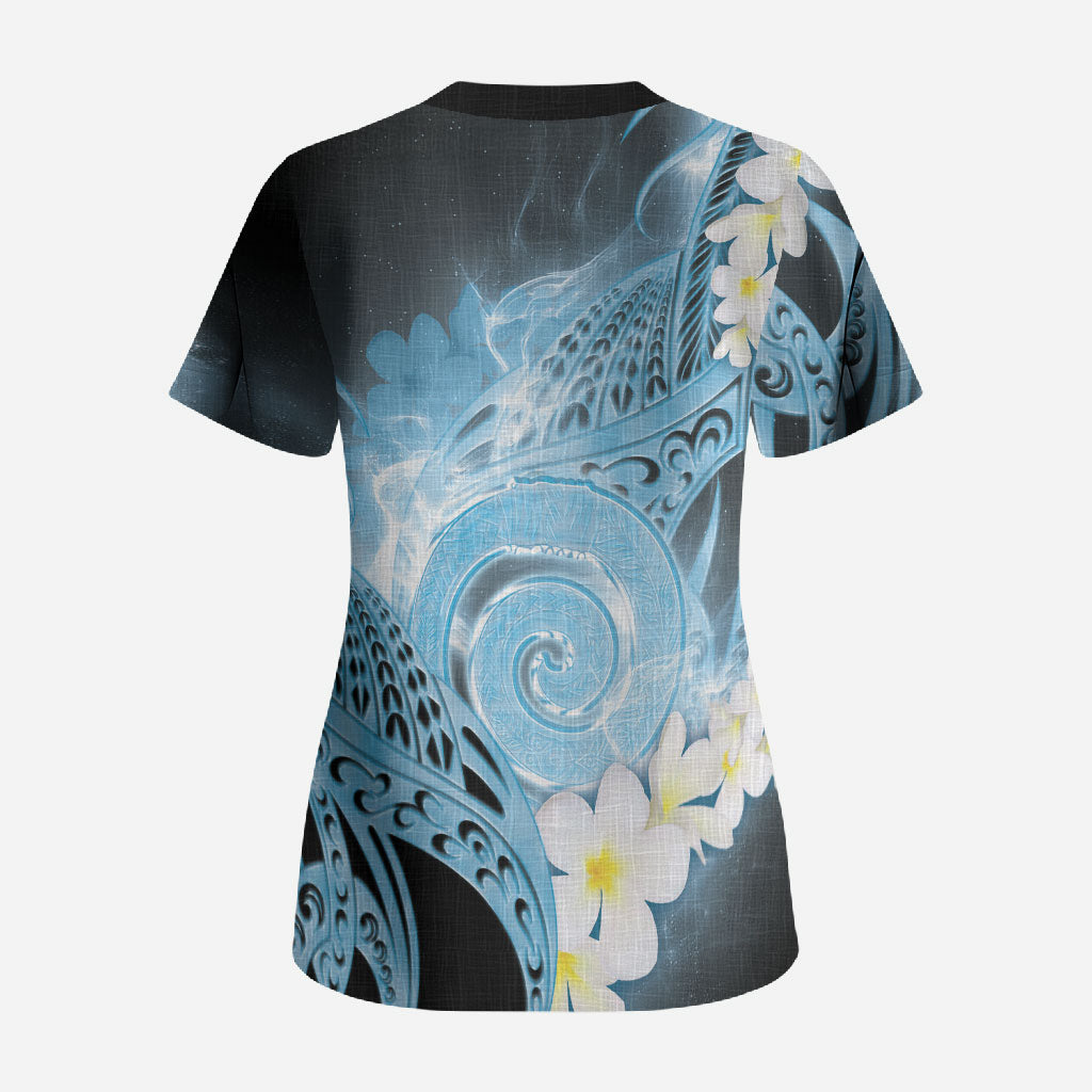 Piko Hawaiian Scrub Top Blue Galaxy Spiral Plumeria Tribal Patterns DT05 - Polynesian Pride