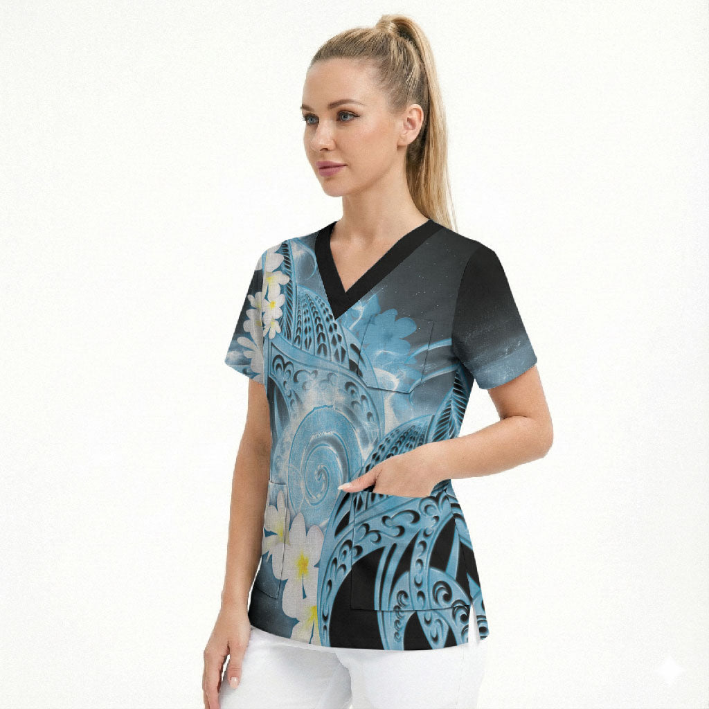 Piko Hawaiian Scrub Top Blue Galaxy Spiral Plumeria Tribal Patterns DT05 - Polynesian Pride