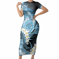 Piko Hawaiian Short Sleeve Bodycon Dress Blue Galaxy Spiral Plumeria Tribal Patterns DT05 Long Dress Blue - Polynesian Pride