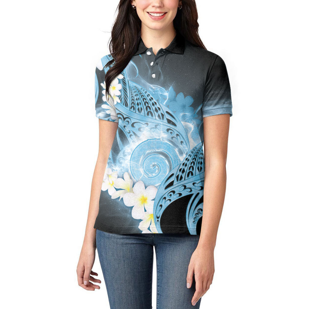 Piko Hawaiian Women Polo Shirt Blue Galaxy Spiral Plumeria Tribal Patterns DT05 - Polynesian Pride
