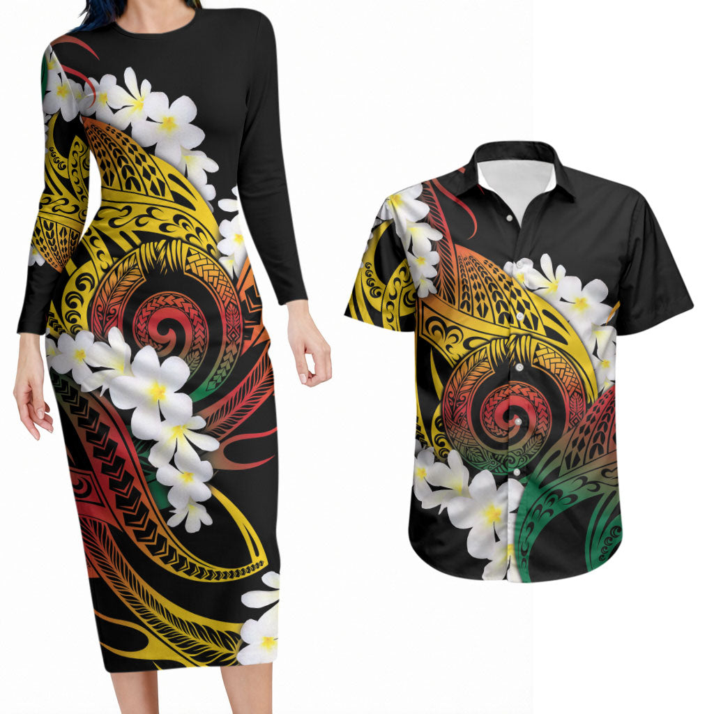 Piko Hawaiian Couples Matching Long Sleeve Bodycon Dress and Hawaiian Shirt Gradient Spiral Plumeria Tribal Patterns DT05 Multicolor - Polynesian Pride