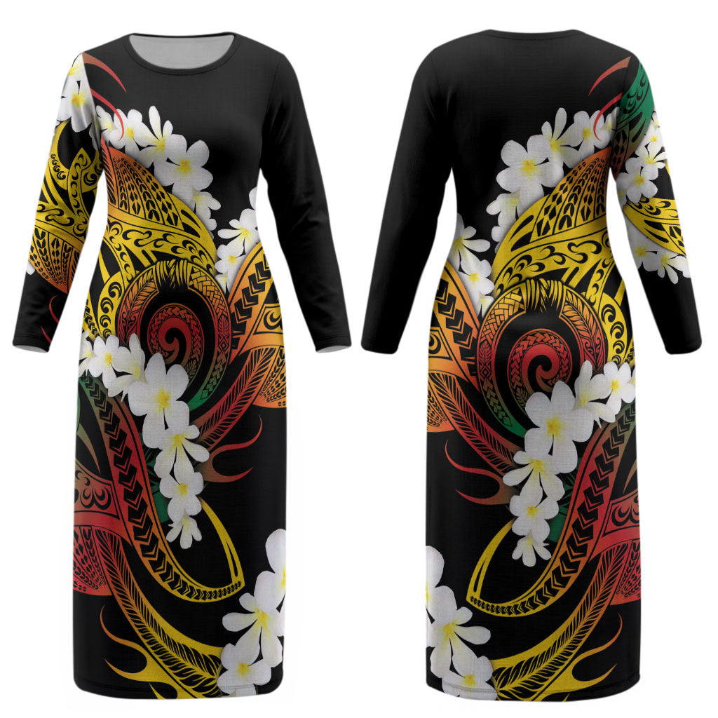 Piko Hawaiian Couples Matching Long Sleeve Bodycon Dress and Hawaiian Shirt Gradient Spiral Plumeria Tribal Patterns DT05 - Polynesian Pride