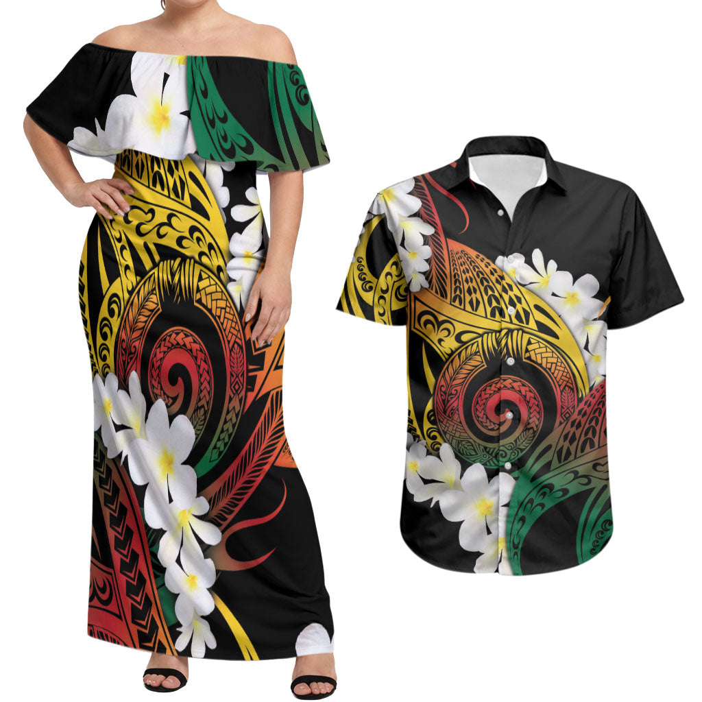 Piko Hawaiian Couples Matching Off Shoulder Maxi Dress and Hawaiian Shirt Gradient Spiral Plumeria Tribal Patterns DT05 Multicolor - Polynesian Pride