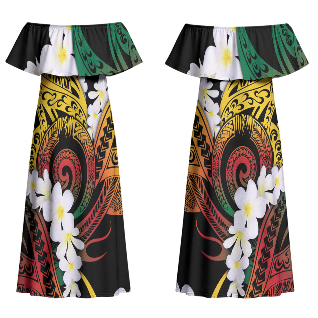 Piko Hawaiian Couples Matching Off Shoulder Maxi Dress and Hawaiian Shirt Gradient Spiral Plumeria Tribal Patterns DT05 - Polynesian Pride
