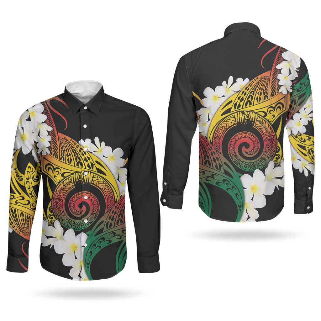 Piko Hawaiian Couples Matching Summer Maxi Dress and Long Sleeve Button Shirt Gradient Spiral Plumeria Tribal Patterns DT05 - Polynesian Pride