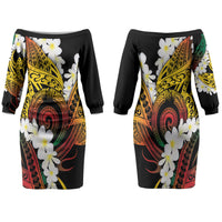 Piko Hawaiian Family Matching Off The Shoulder Long Sleeve Dress and Hawaiian Shirt Gradient Spiral Plumeria Tribal Patterns DT05 Mom's Dress Multicolor - Polynesian Pride