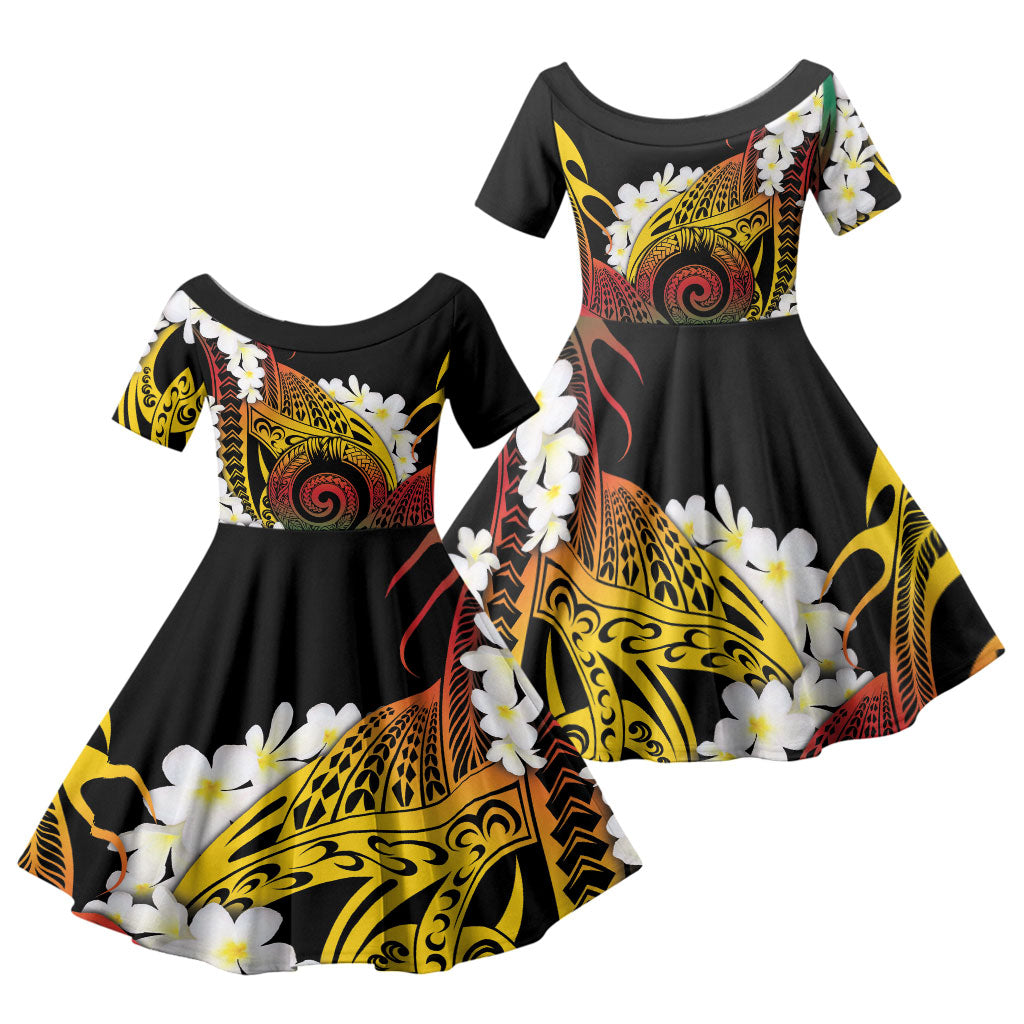 Piko Hawaiian Family Matching Puletasi and Hawaiian Shirt Gradient Spiral Plumeria Tribal Patterns DT05 Daughter's Dress Multicolor - Polynesian Pride