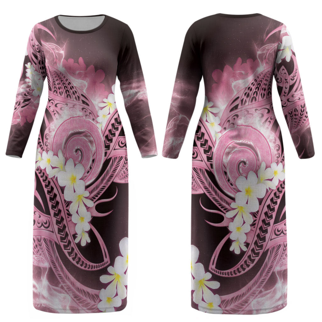 Piko Hawaiian Couples Matching Long Sleeve Bodycon Dress and Hawaiian Shirt Pink Galaxy Spiral Plumeria Tribal Patterns DT05 - Polynesian Pride