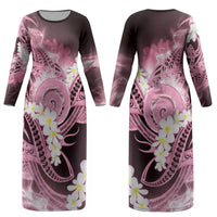 Piko Hawaiian Couples Matching Long Sleeve Bodycon Dress and Hawaiian Shirt Pink Galaxy Spiral Plumeria Tribal Patterns DT05 - Polynesian Pride