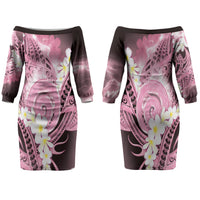 Piko Hawaiian Couples Matching Off The Shoulder Long Sleeve Dress and Hawaiian Shirt Pink Galaxy Spiral Plumeria Tribal Patterns DT05 - Polynesian Pride