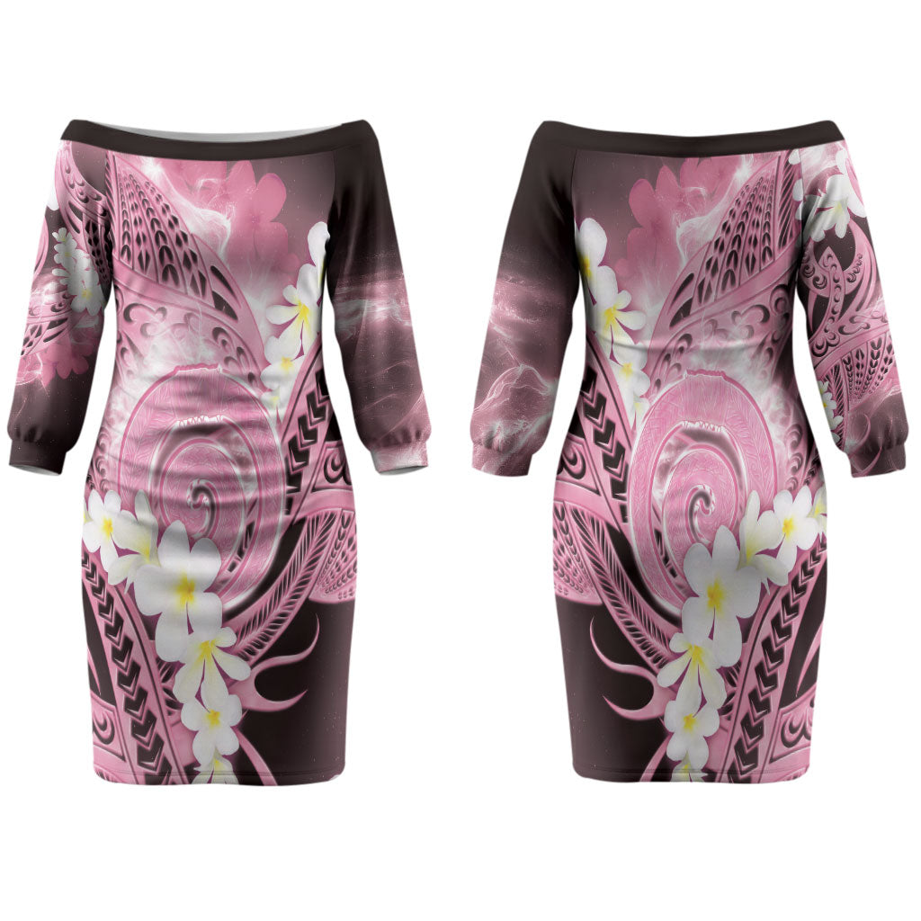 Piko Hawaiian Family Matching Off The Shoulder Long Sleeve Dress and Hawaiian Shirt Pink Galaxy Spiral Plumeria Tribal Patterns DT05 Mom's Dress Pink - Polynesian Pride