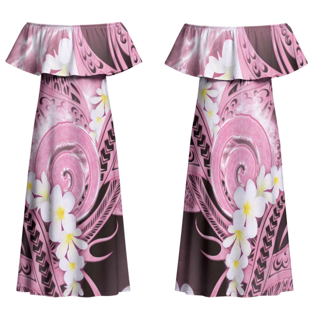 Piko Hawaiian Family Matching Off Shoulder Maxi Dress and Hawaiian Shirt Pink Galaxy Spiral Plumeria Tribal Patterns DT05 Mom's Dress Pink - Polynesian Pride