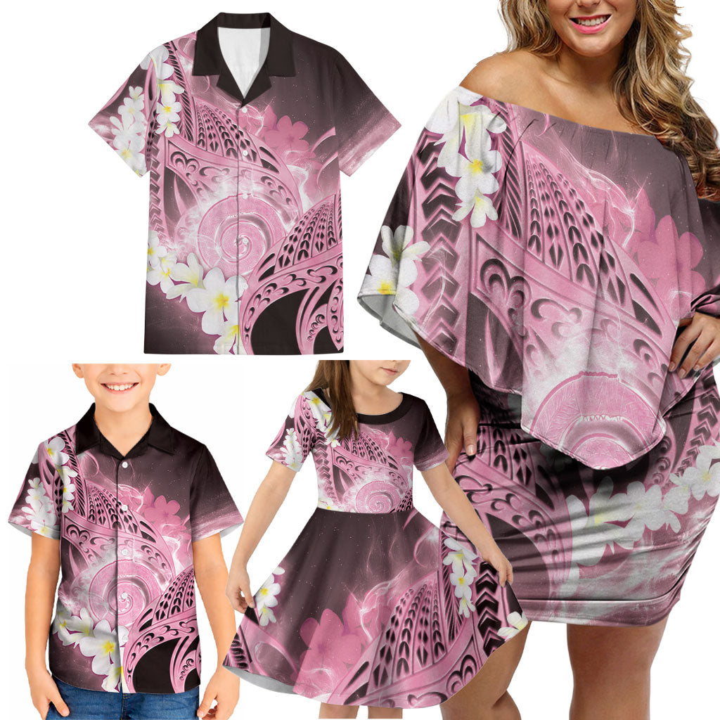 Piko Hawaiian Family Matching Off Shoulder Short Dress and Hawaiian Shirt Pink Galaxy Spiral Plumeria Tribal Patterns DT05 - Polynesian Pride
