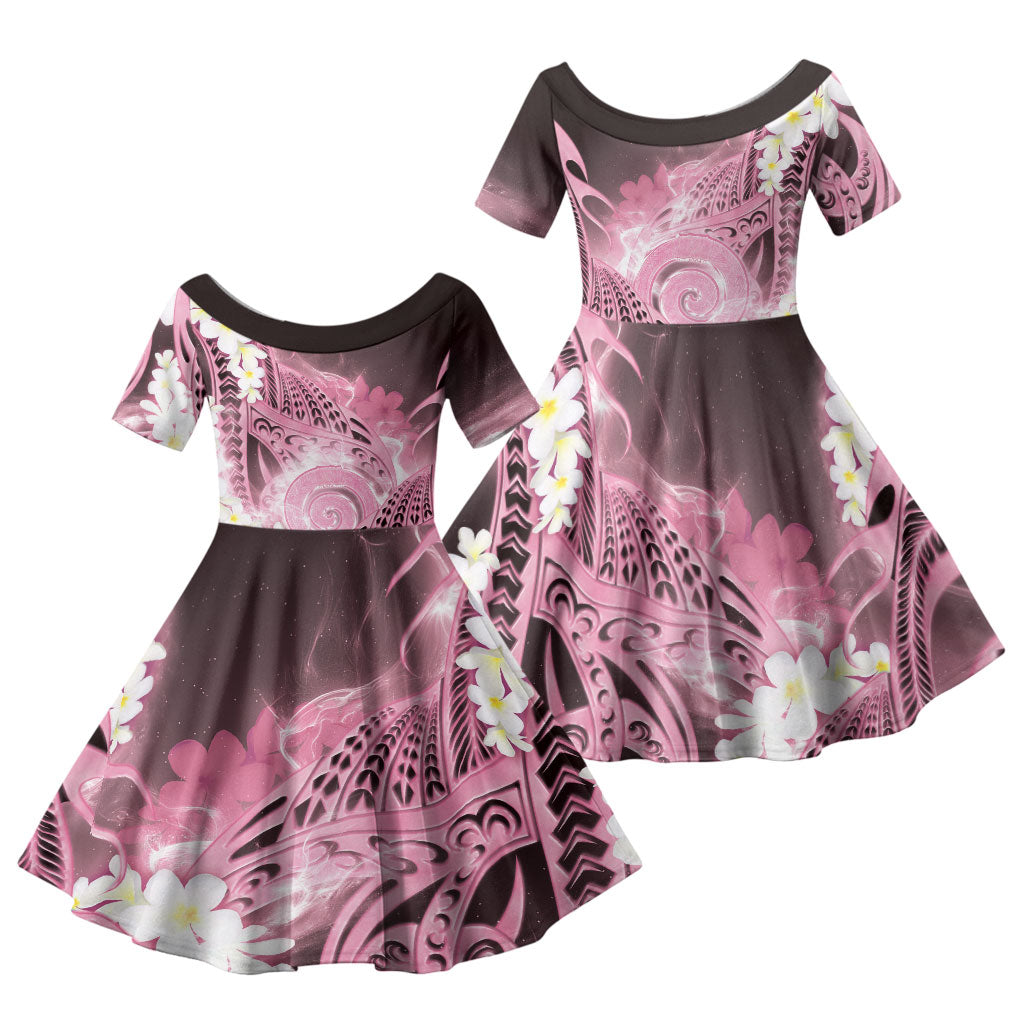 Piko Hawaiian Family Matching Off Shoulder Short Dress and Hawaiian Shirt Pink Galaxy Spiral Plumeria Tribal Patterns DT05 Daughter's Dress Pink - Polynesian Pride