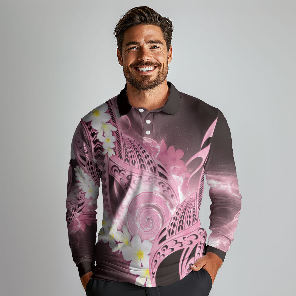 Piko Hawaiian Long Sleeve Polo Shirt Pink Galaxy Spiral Plumeria Tribal Patterns DT05 - Polynesian Pride