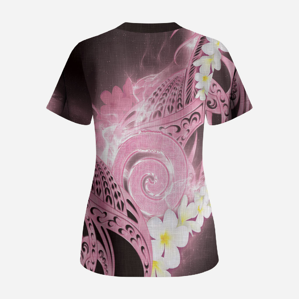 Piko Hawaiian Scrub Top Pink Galaxy Spiral Plumeria Tribal Patterns DT05 - Polynesian Pride
