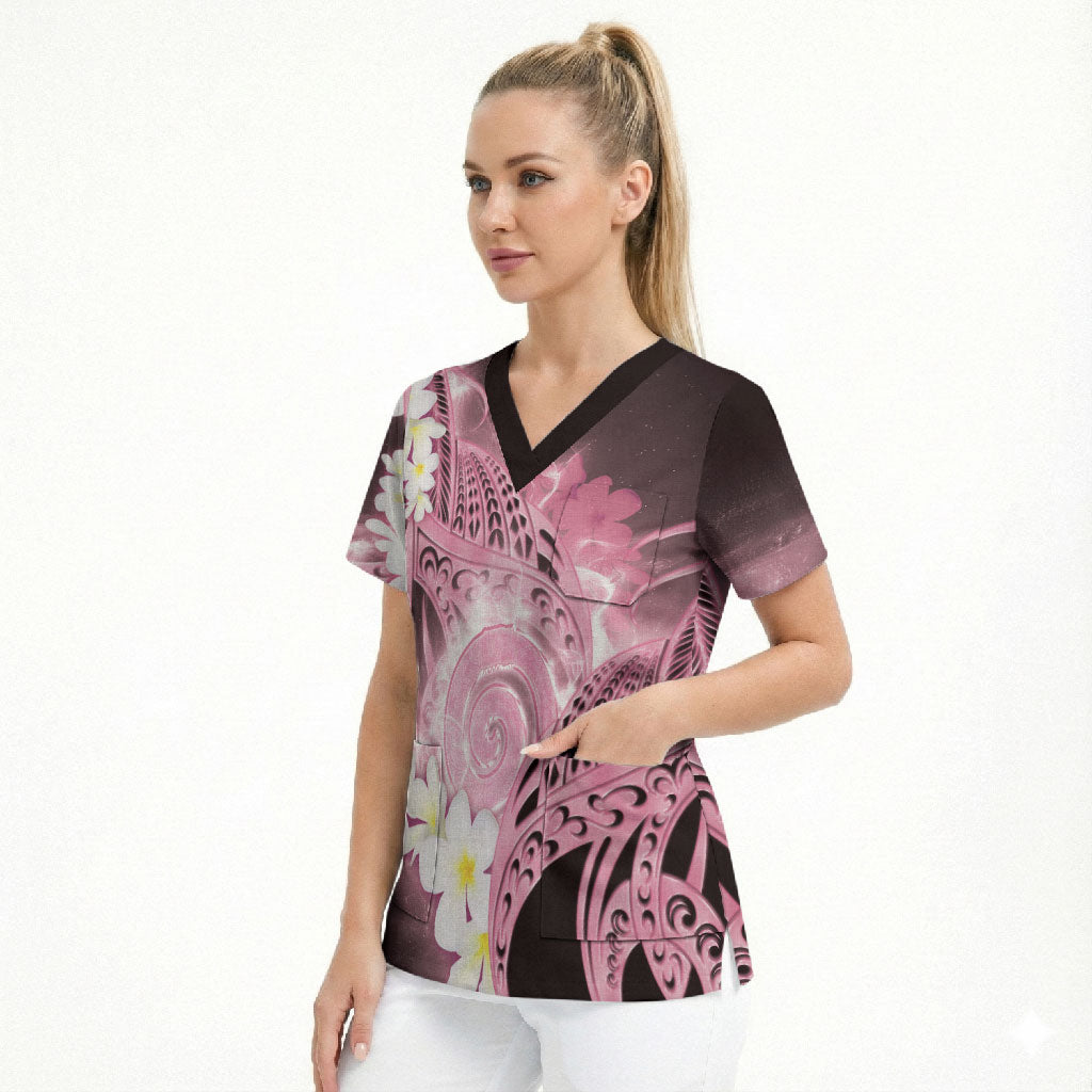 Piko Hawaiian Scrub Top Pink Galaxy Spiral Plumeria Tribal Patterns DT05 - Polynesian Pride