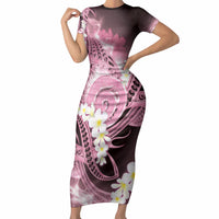 Piko Hawaiian Short Sleeve Bodycon Dress Pink Galaxy Spiral Plumeria Tribal Patterns DT05 Long Dress Pink - Polynesian Pride
