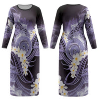 Piko Hawaiian Couples Matching Long Sleeve Bodycon Dress and Hawaiian Shirt Purple Galaxy Spiral Plumeria Tribal Patterns DT05 - Polynesian Pride