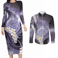 Piko Hawaiian Couples Matching Long Sleeve Bodycon Dress and Long Sleeve Button Shirt Purple Galaxy Spiral Plumeria Tribal Patterns DT05 Purple - Polynesian Pride