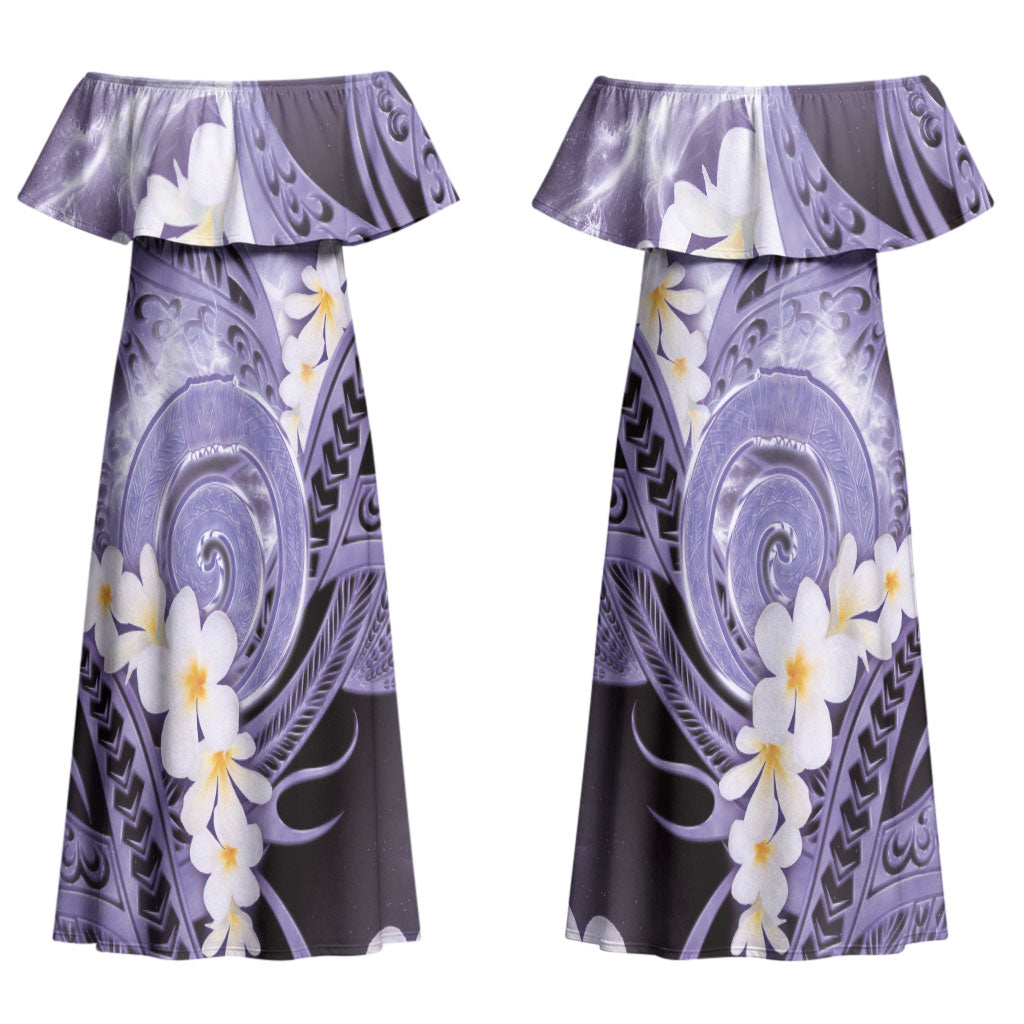 Piko Hawaiian Couples Matching Off Shoulder Maxi Dress and Long Sleeve Button Shirt Purple Galaxy Spiral Plumeria Tribal Patterns DT05 - Polynesian Pride