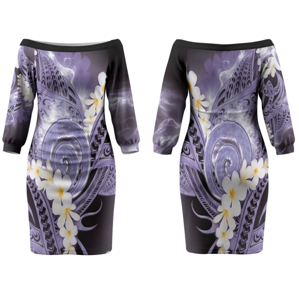 Piko Hawaiian Couples Matching Off The Shoulder Long Sleeve Dress and Hawaiian Shirt Purple Galaxy Spiral Plumeria Tribal Patterns DT05 - Polynesian Pride