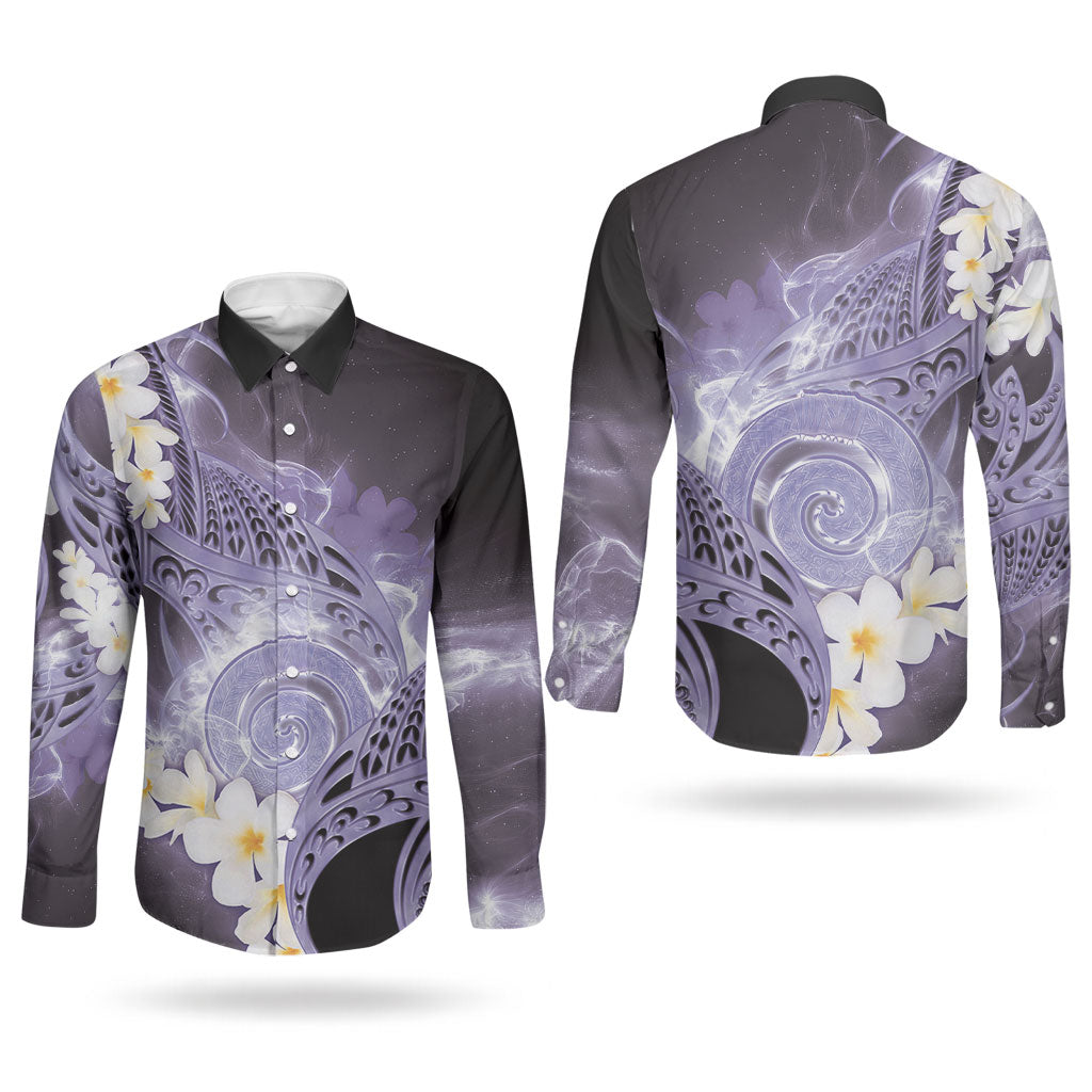 Piko Hawaiian Couples Matching Off The Shoulder Long Sleeve Dress and Long Sleeve Button Shirt Purple Galaxy Spiral Plumeria Tribal Patterns DT05 - Polynesian Pride