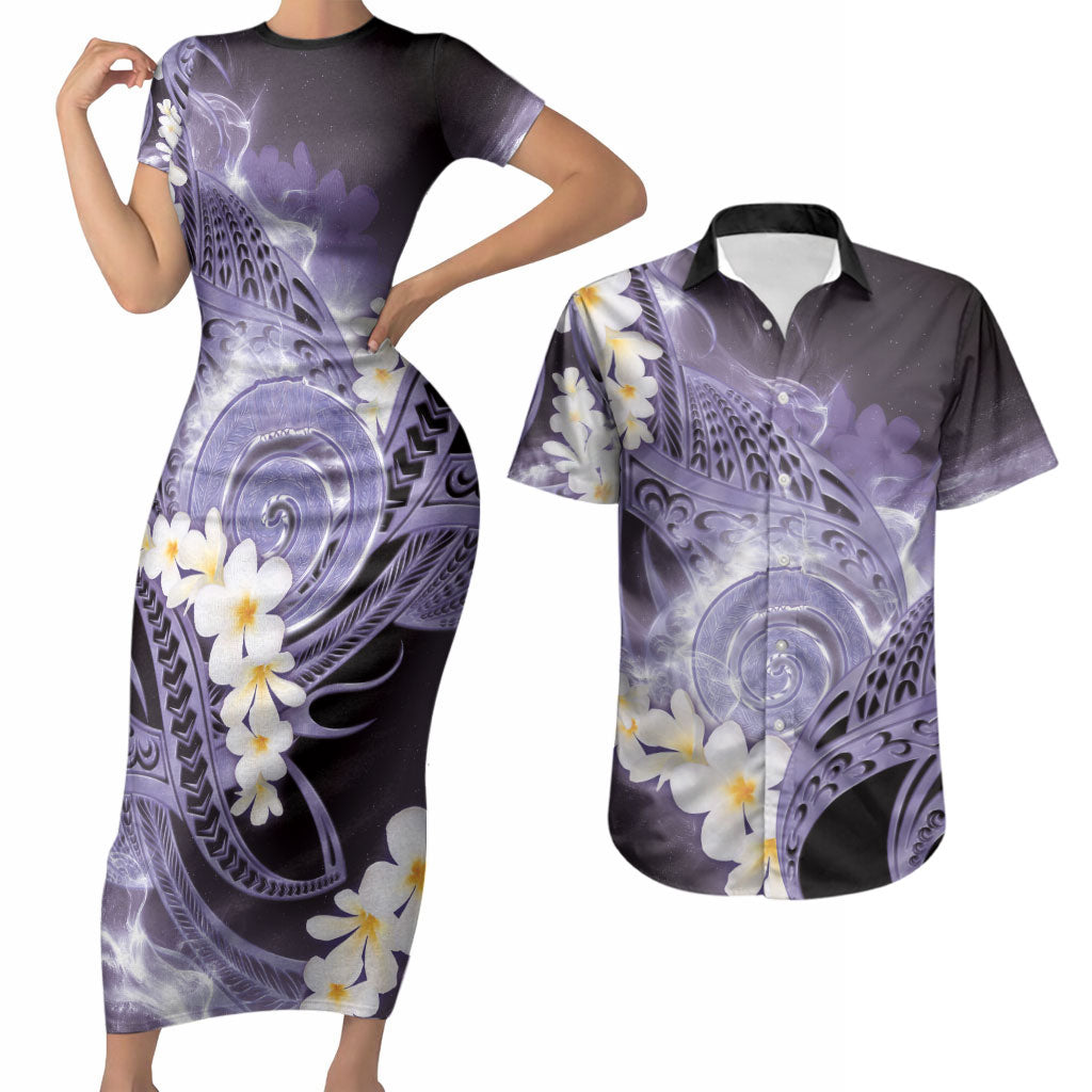 Piko Hawaiian Couples Matching Short Sleeve Bodycon Dress and Hawaiian Shirt Purple Galaxy Spiral Plumeria Tribal Patterns DT05 Purple - Polynesian Pride