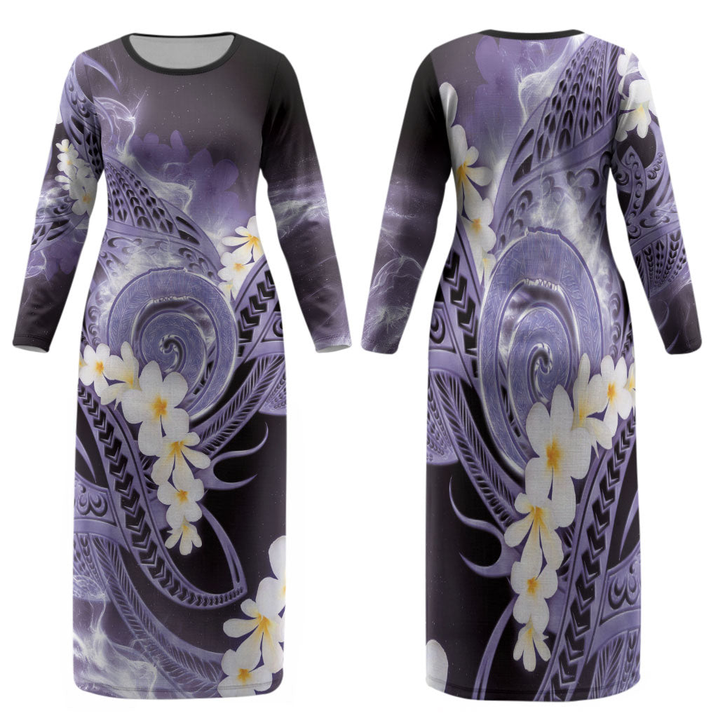 Piko Hawaiian Family Matching Long Sleeve Bodycon Dress and Hawaiian Shirt Purple Galaxy Spiral Plumeria Tribal Patterns DT05 Mom's Dress Purple - Polynesian Pride
