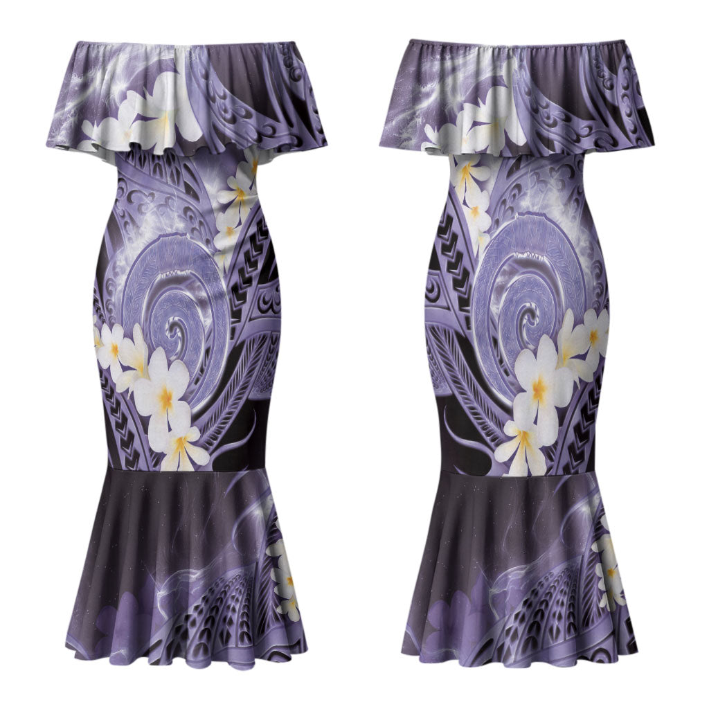 Piko Hawaiian Family Matching Mermaid Dress and Hawaiian Shirt Purple Galaxy Spiral Plumeria Tribal Patterns DT05 Mom's Dress Purple - Polynesian Pride