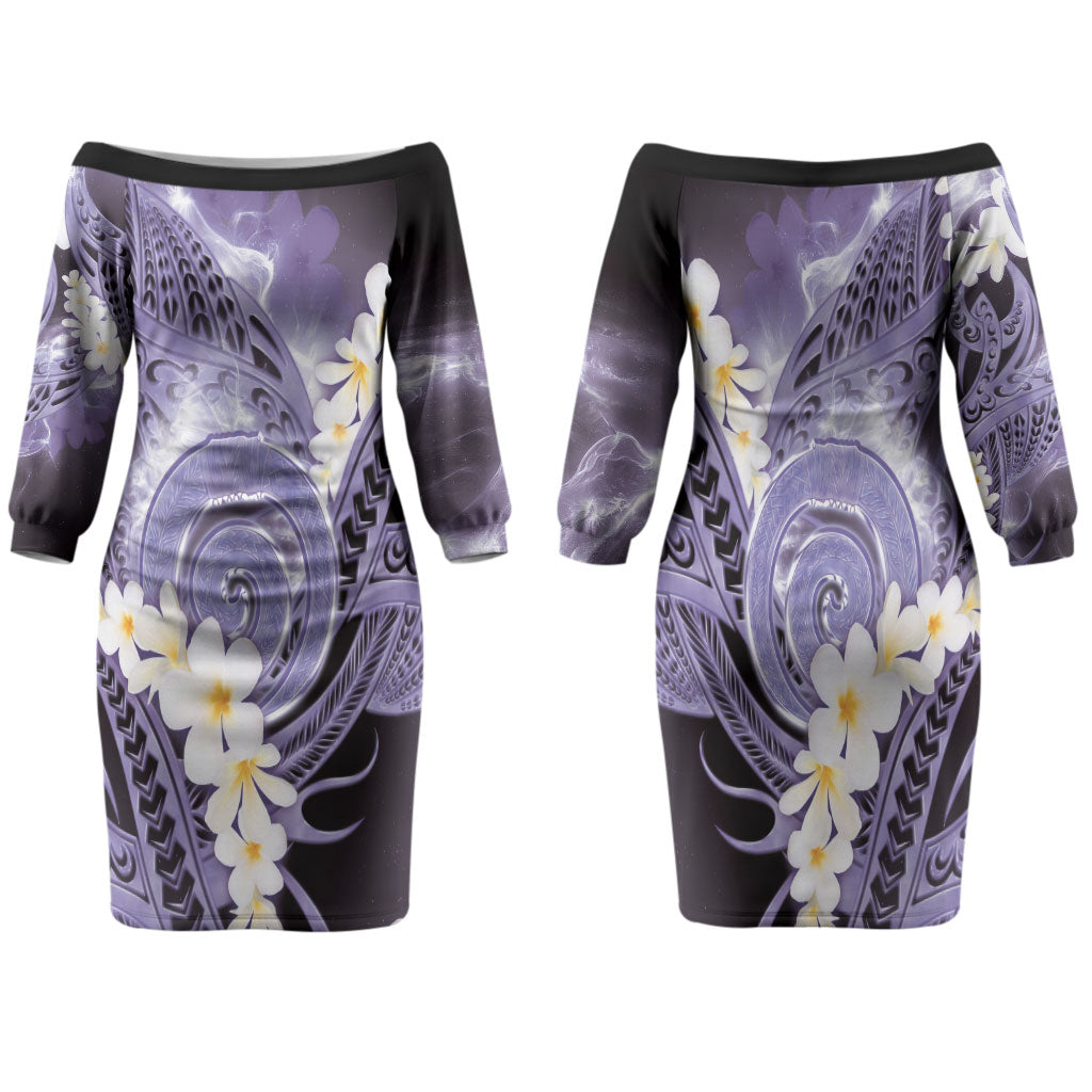 Piko Hawaiian Family Matching Off The Shoulder Long Sleeve Dress and Hawaiian Shirt Purple Galaxy Spiral Plumeria Tribal Patterns DT05 Mom's Dress Purple - Polynesian Pride