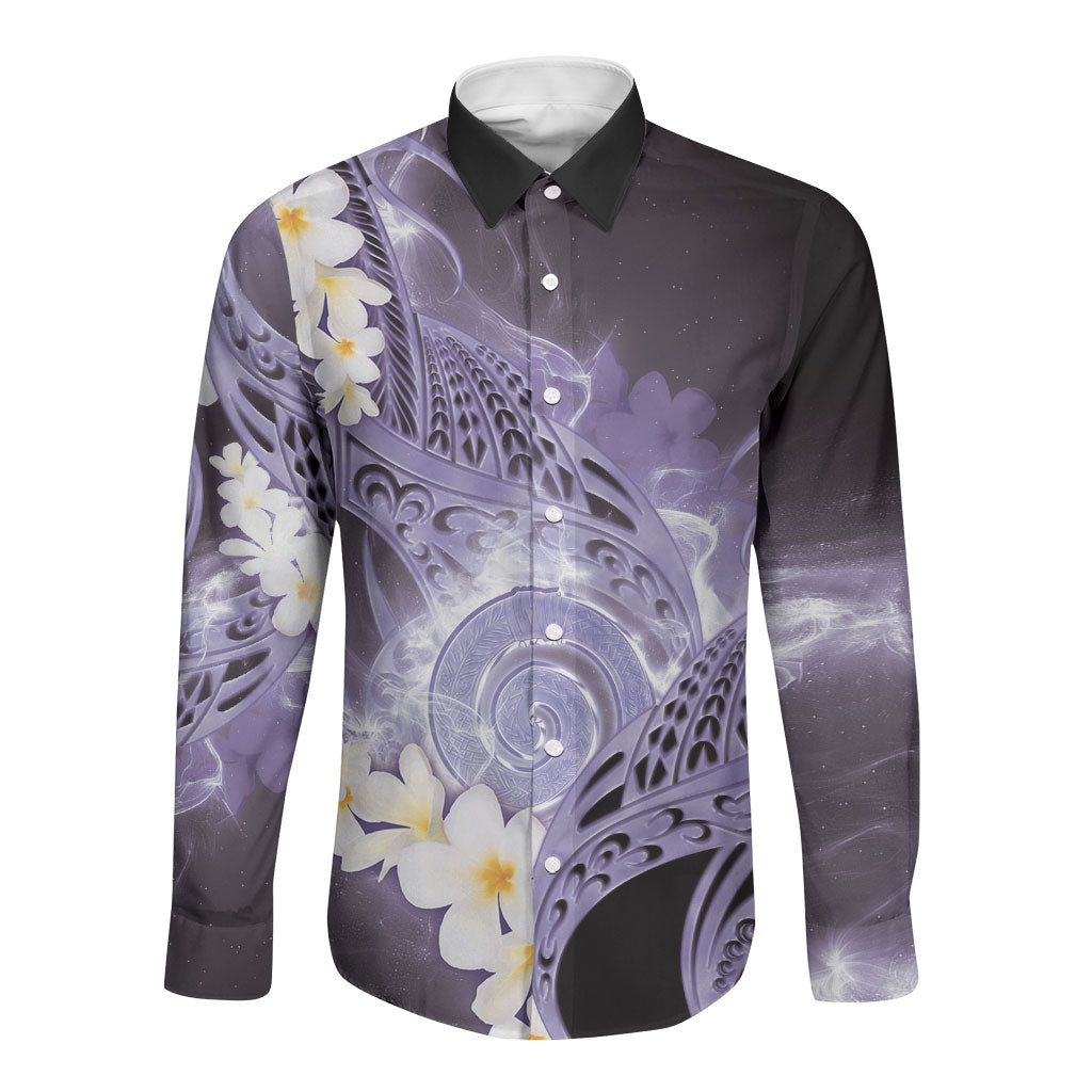 Piko Hawaiian Long Sleeve Button Shirt Purple Galaxy Spiral Plumeria Tribal Patterns DT05 Unisex Purple - Polynesian Pride