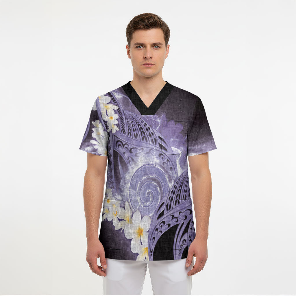 Piko Hawaiian Scrub Top Purple Galaxy Spiral Plumeria Tribal Patterns DT05 - Polynesian Pride