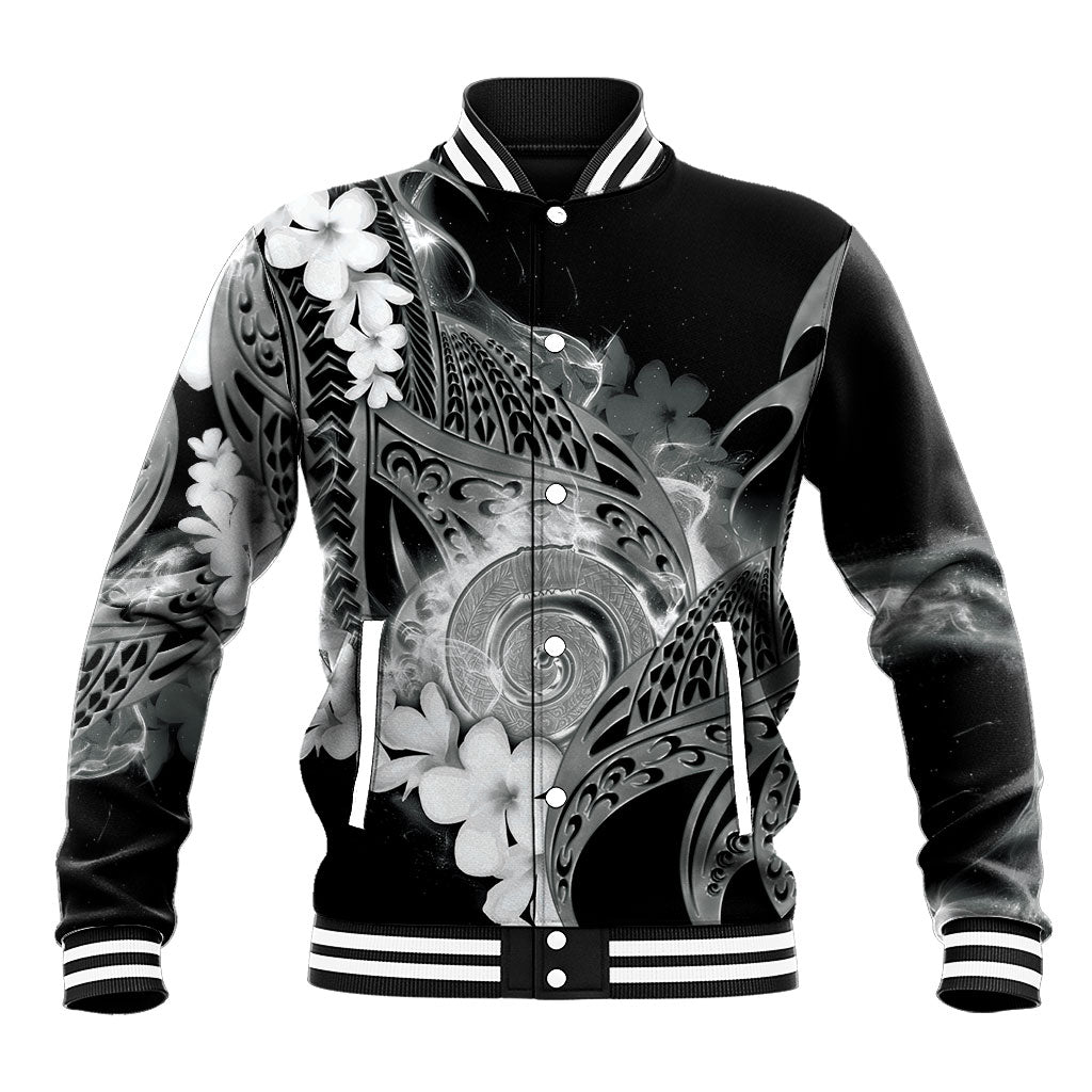 Piko Hawaiian Baseball Jacket Monochrome Galaxy Spiral Plumeria Tribal Patterns DT05 Unisex Black - Polynesian Pride