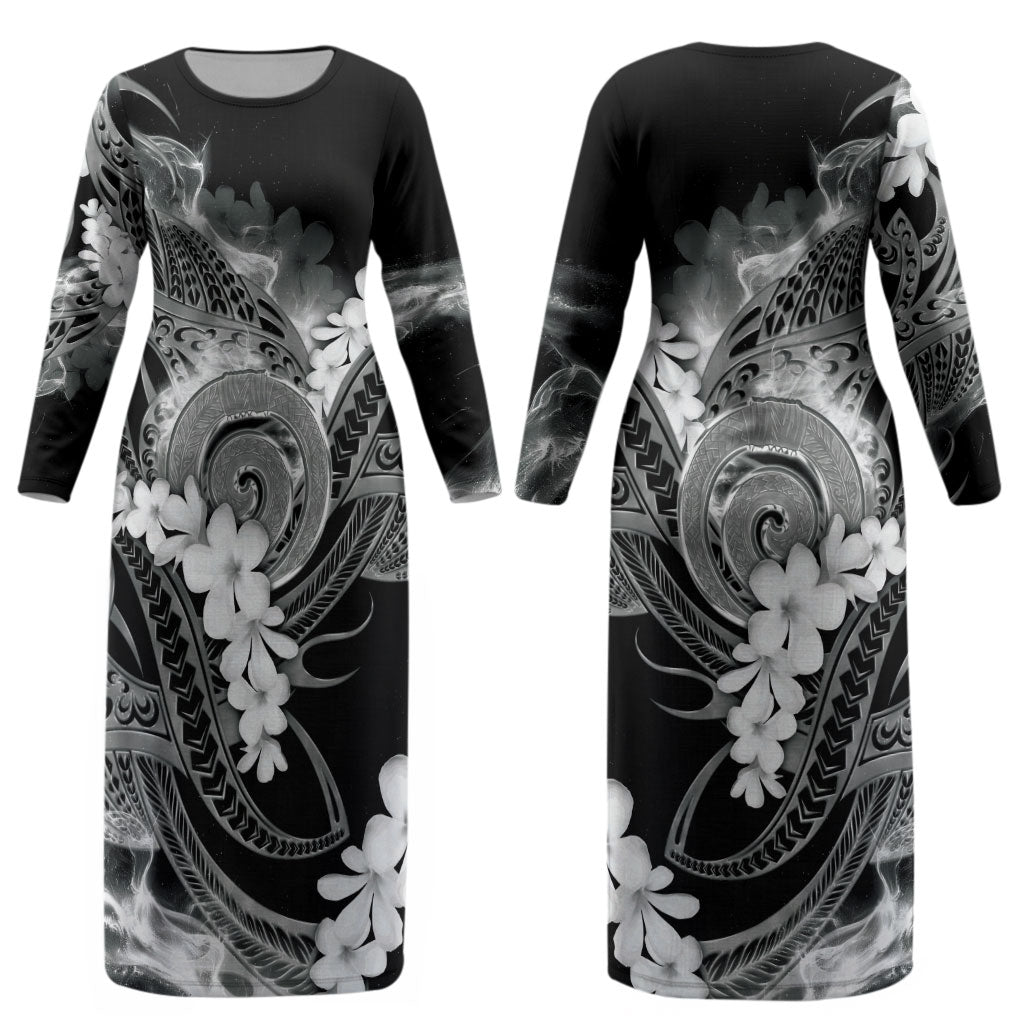 Piko Hawaiian Couples Matching Long Sleeve Bodycon Dress and Hawaiian Shirt Monochrome Galaxy Spiral Plumeria Tribal Patterns DT05 - Polynesian Pride