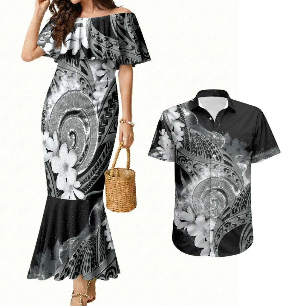 Piko Hawaiian Couples Matching Mermaid Dress and Hawaiian Shirt Monochrome Galaxy Spiral Plumeria Tribal Patterns DT05 Black - Polynesian Pride