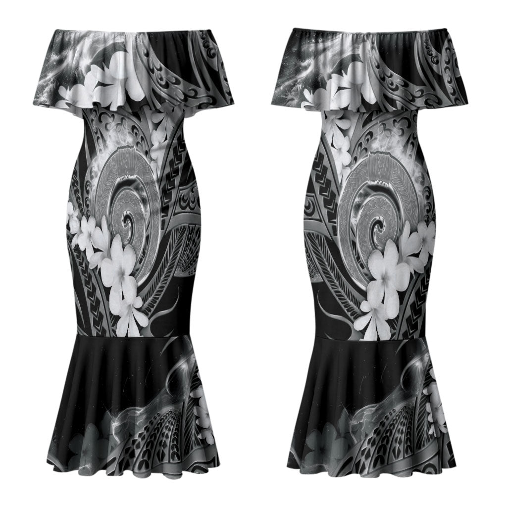 Piko Hawaiian Couples Matching Mermaid Dress and Long Sleeve Button Shirt Monochrome Galaxy Spiral Plumeria Tribal Patterns DT05 - Polynesian Pride
