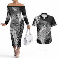 Piko Hawaiian Couples Matching Off The Shoulder Long Sleeve Dress and Hawaiian Shirt Monochrome Galaxy Spiral Plumeria Tribal Patterns DT05 Black - Polynesian Pride
