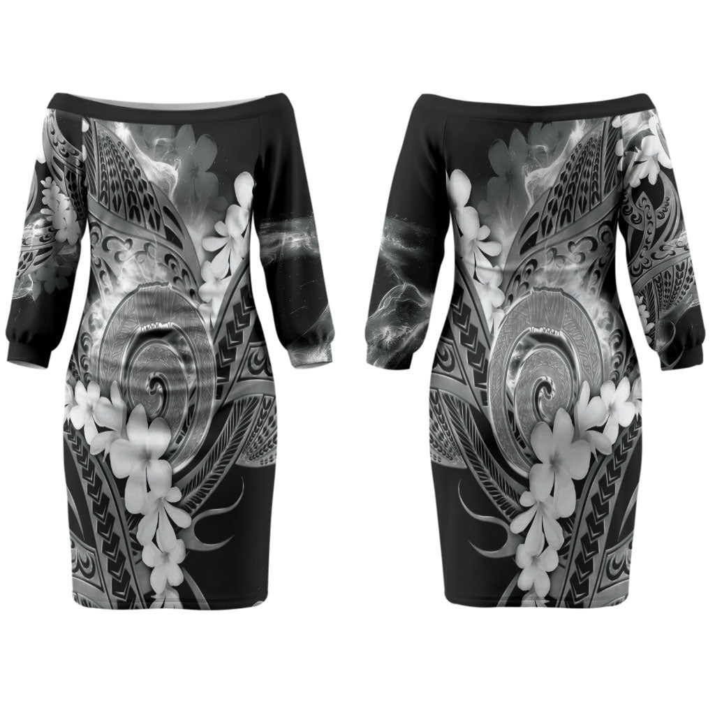 Piko Hawaiian Couples Matching Off The Shoulder Long Sleeve Dress and Hawaiian Shirt Monochrome Galaxy Spiral Plumeria Tribal Patterns DT05 - Polynesian Pride