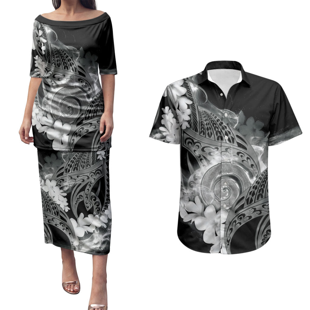 Piko Hawaiian Couples Matching Puletasi and Hawaiian Shirt Monochrome Galaxy Spiral Plumeria Tribal Patterns DT05 Black - Polynesian Pride