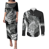 Piko Hawaiian Couples Matching Puletasi and Long Sleeve Button Shirt Monochrome Galaxy Spiral Plumeria Tribal Patterns DT05 Black - Polynesian Pride