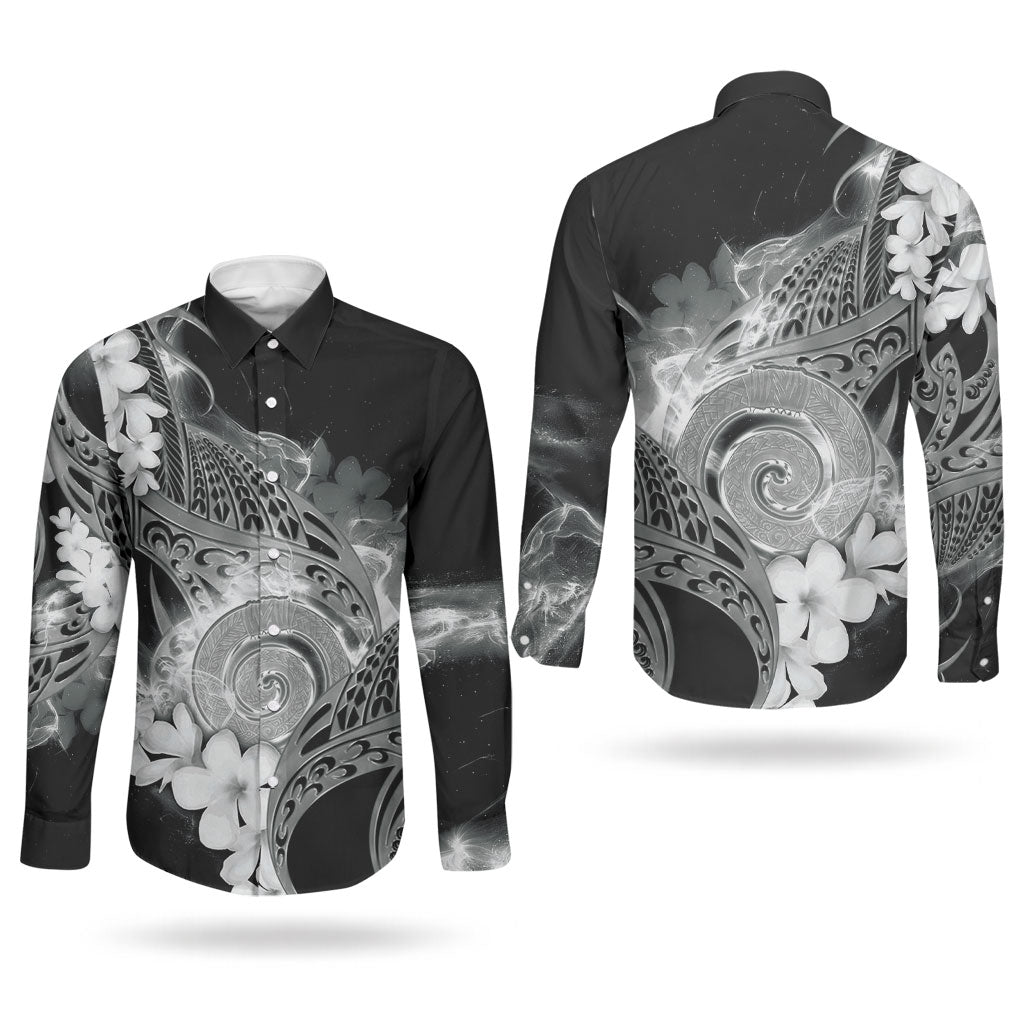 Piko Hawaiian Couples Matching Puletasi and Long Sleeve Button Shirt Monochrome Galaxy Spiral Plumeria Tribal Patterns DT05 - Polynesian Pride