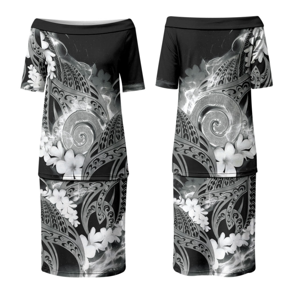 Piko Hawaiian Couples Matching Puletasi and Long Sleeve Button Shirt Monochrome Galaxy Spiral Plumeria Tribal Patterns DT05 - Polynesian Pride