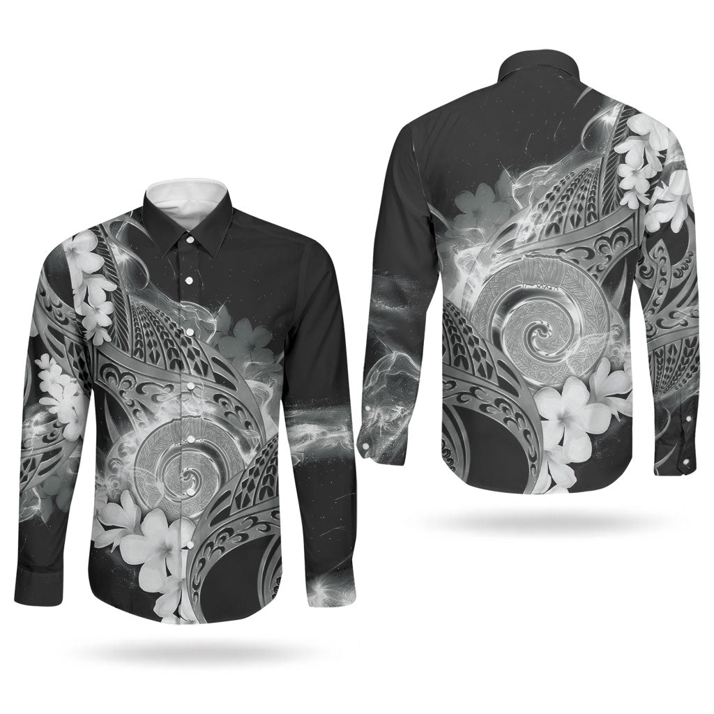 Piko Hawaiian Couples Matching Summer Maxi Dress and Long Sleeve Button Shirt Monochrome Galaxy Spiral Plumeria Tribal Patterns DT05 - Polynesian Pride